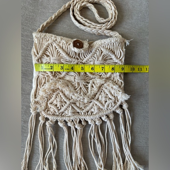 Billabong Cream Macrame Crossbody Bag – Boho Crochet Fringe Purse 100% Cotton - Picture 7 of 11